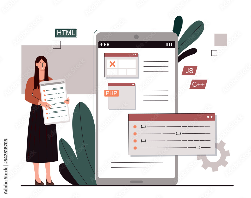 Poster app development concept. woman creates interface for programs and software. graphic designer creates