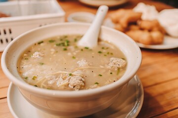 Thai breakfast set of Rice porridge and Pa Tong Go on wooden table.