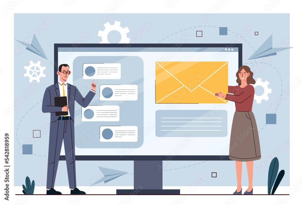 Wall mural page template concept. man and woman develop graphic elements for website, create interface for prog