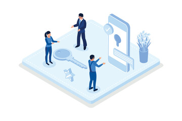 Characters searching and choosing apartment or house for renting or buying. Property market concept, isometric vector modern illustration