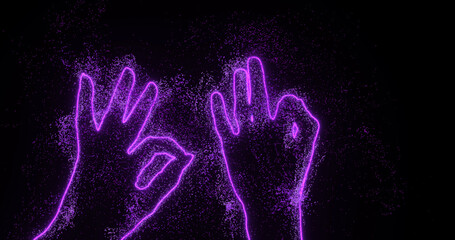 Naklejka na ściany i meble Contours of two hands show the OK sign, the color of the particles and the very peri silhouette. Vfx abstraction, the concept of consent, friendship, deal, everything is fine.