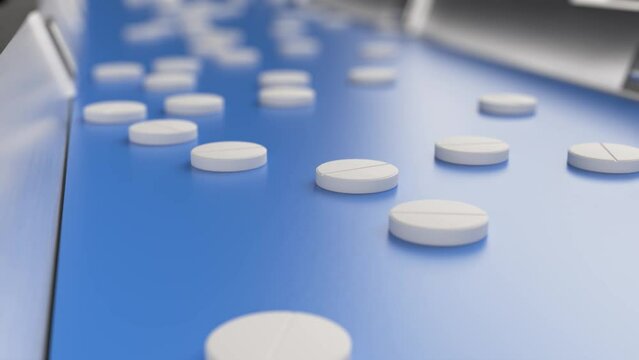 Medical pills slowly move along the conveyor, 3d animation