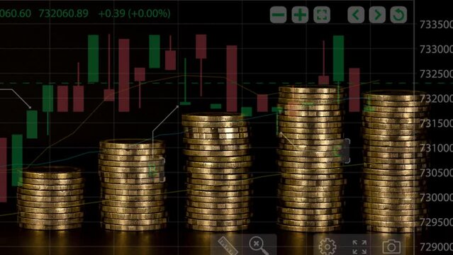 Stock Market Chart with stop motion piles of gold money coins decreasing fading disappear on black background, financial trading concept, Seamless Looping- 4K Ultra HD.