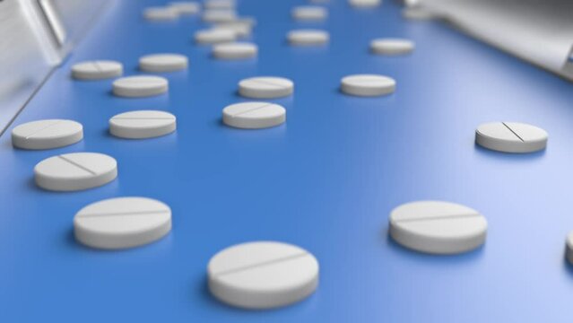 Medical pills move along the conveyor, 3d animation