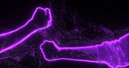 Corporate greeting on the fists. Neon bright veri peri contours of two hands, collide and greet each other. The concept of friendship, collaboration, meeting, signs.