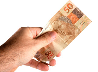 Hand holding fifty dollar bills. Brazilian money. png transparent background