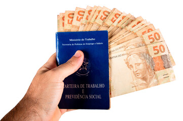 Fototapeta premium Hand holding Brazilian work card and social security with Brazilian money banknotes. png transparent background