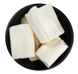 Fresh peeled raw cassava cut into pieces with transparent background