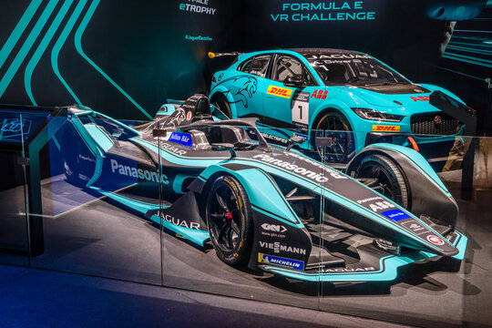 FRANKFURT, GERMANY - SEPT 2019: azure blue black JAGUAR FORMULA E electric racing car, IAA International Motor Show Auto Exhibtion
