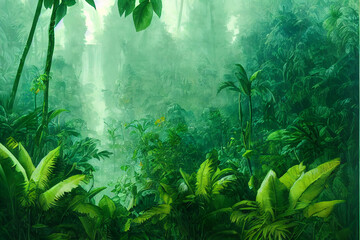 Fototapeta na wymiar Tropical jungles of Southeast Asia in august. Digital illustration background.
