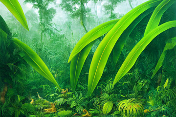 Fototapeta Tropical jungles of Southeast Asia in august. Digital illustration background. obraz
