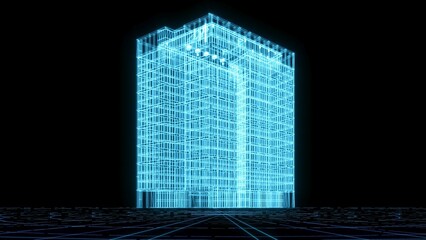 3D rendering illustration Building blueprint glowing neon hologram futuristic show technology security for premium product business finance transportation 