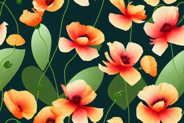 Abstract Hand Drawing Tropical Exotic Flowers Poppies Peonies and Leaves Repeating 2d illustrated Pattern Isolated Background