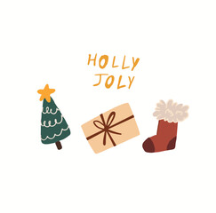 Cute winter holidays collection. New Year's cards. Postcards for Christmas. Christmas card with gifts