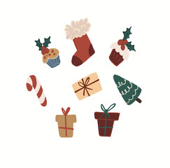 Cute winter holidays collection. New Year's cards. Postcards for Christmas. Christmas card with gifts