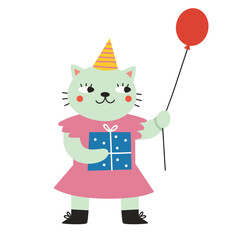 Cute cat with a gift and a balloon. Vector illustration