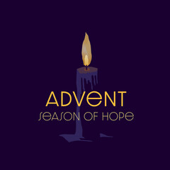 Advent candle with Season of Hope, symbolizing the season of hope, peace and joy for the expectant celebration of the nativity of Christ at Christmas.