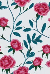 Seamless pattern in chinoiserie style with rose, peacock with branches, blue 2d illustrated flowers with green leaves on white background,