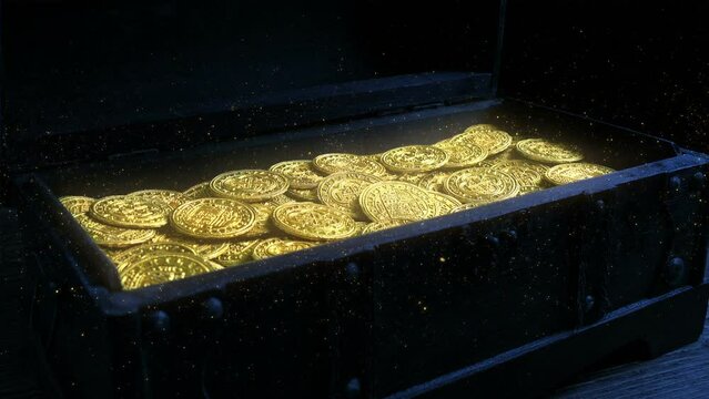 Gold Treasure Coins With Sparkling Particles In Chest