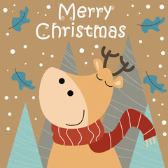 Merry christmas and new year card with cute characters on brown background