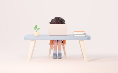 Little girl study hard, learning at desk, 3d rendering.