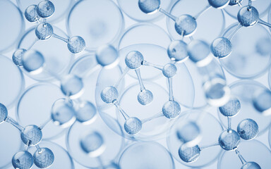 Molecules with blue background, 3d rendering.