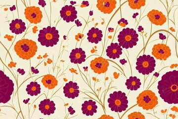 Seamless vintage floral pattern. Abstract colorful flowers on beige background. Delicate flowers in 60s 70s style. Stock 2d illustrated for prints on surface.