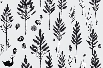 seamless pattern with scandinavian woodland and wild animals. hand drawn design line graphics. fashion textile design monochrome color.