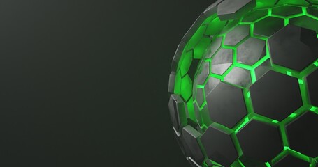Ball abstract background on the side with neon green hexagon texture, 3d rendering and 4K size