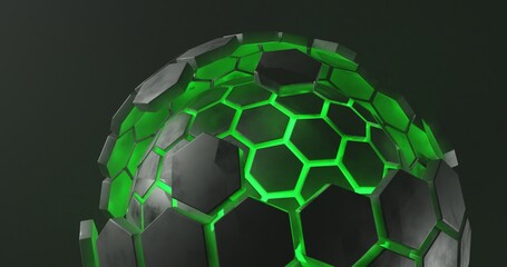 Ball abstract background in the center with neon green hexagon texture, 3d rendering and 4K size