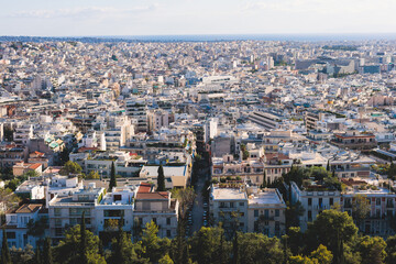 Obraz premium Athens, Attica, beautiful super-wide angle view of Athens city, Greece, Mount Lycabettus, mountains and scenery beyond the city, seen from The Parthenon, temple on the Athenian Acropolis