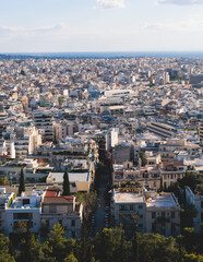 Obraz premium Athens, Attica, beautiful super-wide angle view of Athens city, Greece, Mount Lycabettus, mountains and scenery beyond the city, seen from The Parthenon, temple on the Athenian Acropolis