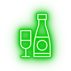 Neon green champagne icon, glowing glass and bottle on transparent background