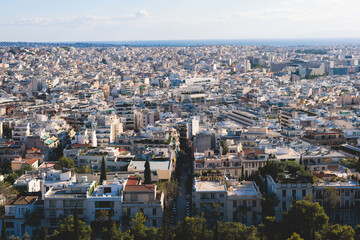 Fototapeta na wymiar Athens, Attica, beautiful super-wide angle view of Athens city, Greece, Mount Lycabettus, mountains and scenery beyond the city, seen from The Parthenon, temple on the Athenian Acropolis