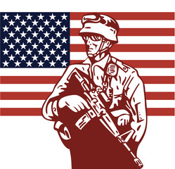 illustration of an American soldier serviceman carrying armalite rifle with stars and stripes flag in background