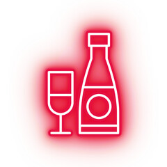 Neon red champagne icon, glowing glass and bottle on transparent background