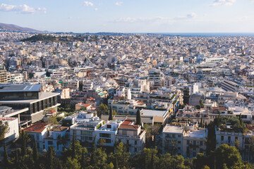 Athens, Attica, beautiful super-wide angle view of Athens city, Greece, Mount Lycabettus, mountains and scenery beyond the city, seen from The Parthenon, temple on the Athenian Acropolis