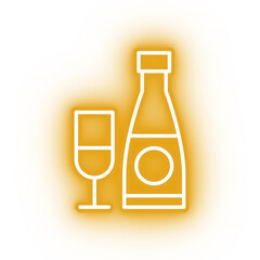 Neon yellow champagne icon, glowing glass and bottle on transparent background