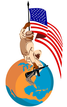 illustration of an American soldier serviceman carrying armalite rifle with stars and stripes flag on top of globe on isolated background