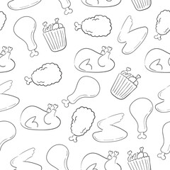 Fried chicken doodle seamless pattern with a black and white color suitable for background or wallpaper