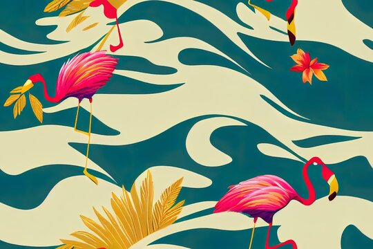Surfing vintage colorful seamless pattern with exotic flowers and leaves pineapple flamingo turtle elegant feathers surfer riding wave in coconut with straw illustration