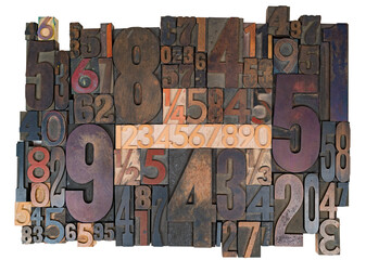 Isolated set of vintage letterpress type numbers of different sizes
