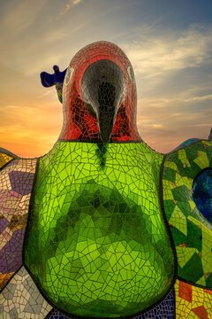 2022-11-01 MULTI COLORED OUTDOOR MOSIAC BIRD STRUCTURE AT THE QUEEN CALIFIAS MAGICAL CIRCLE ART DISPLAY IN ESCONDIDO CALIFORNIA