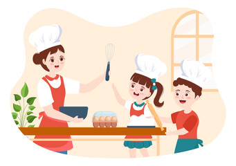 Cooking School With Kids and Teacher in a Class Learning to Learn Cooks Homemade Food on Flat Cartoon Hand Drawn Templates Illustration