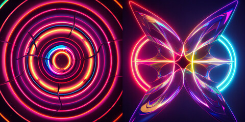 Futuristic neon tubes abstract background with circles, collection
