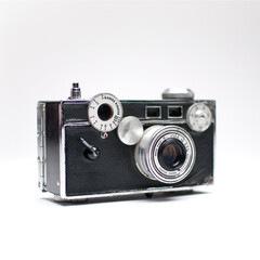 Vintage film cameras on white background