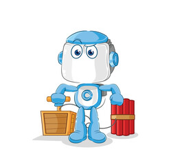 humanoid robot holding dynamite detonator. cartoon mascot vector