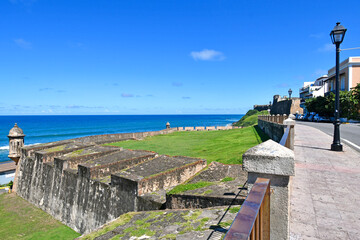 Historic ruins of old San Cristobal Castillo Fort in Old San Juan city with ocean in Puerto Rico,...
