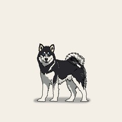 Cartoon inspired color pet portrait illustration hand drawn Alaskan Malamute dog with blue eyes fluffy curly tail standing with soft shadow