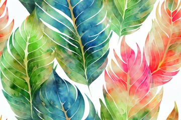 Fototapeta na wymiar Watercolor seamless pattern tropical leaves isolated on white background.